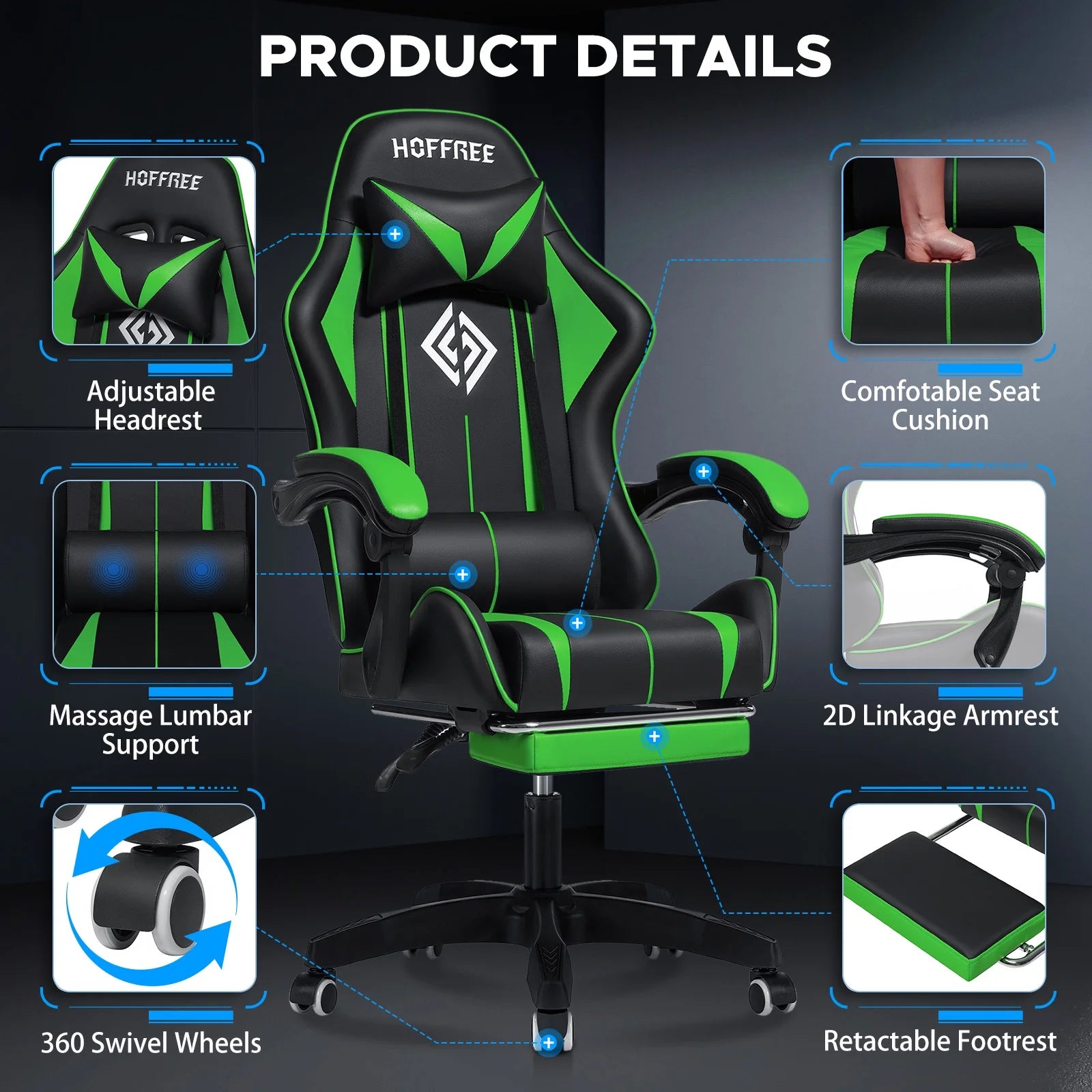 Gaming Chair Massage Game Chair with Footrest and Massage Lumbar Support Ergonomic Computer Chair Height Adjustable with Swivel Seat and Headrest