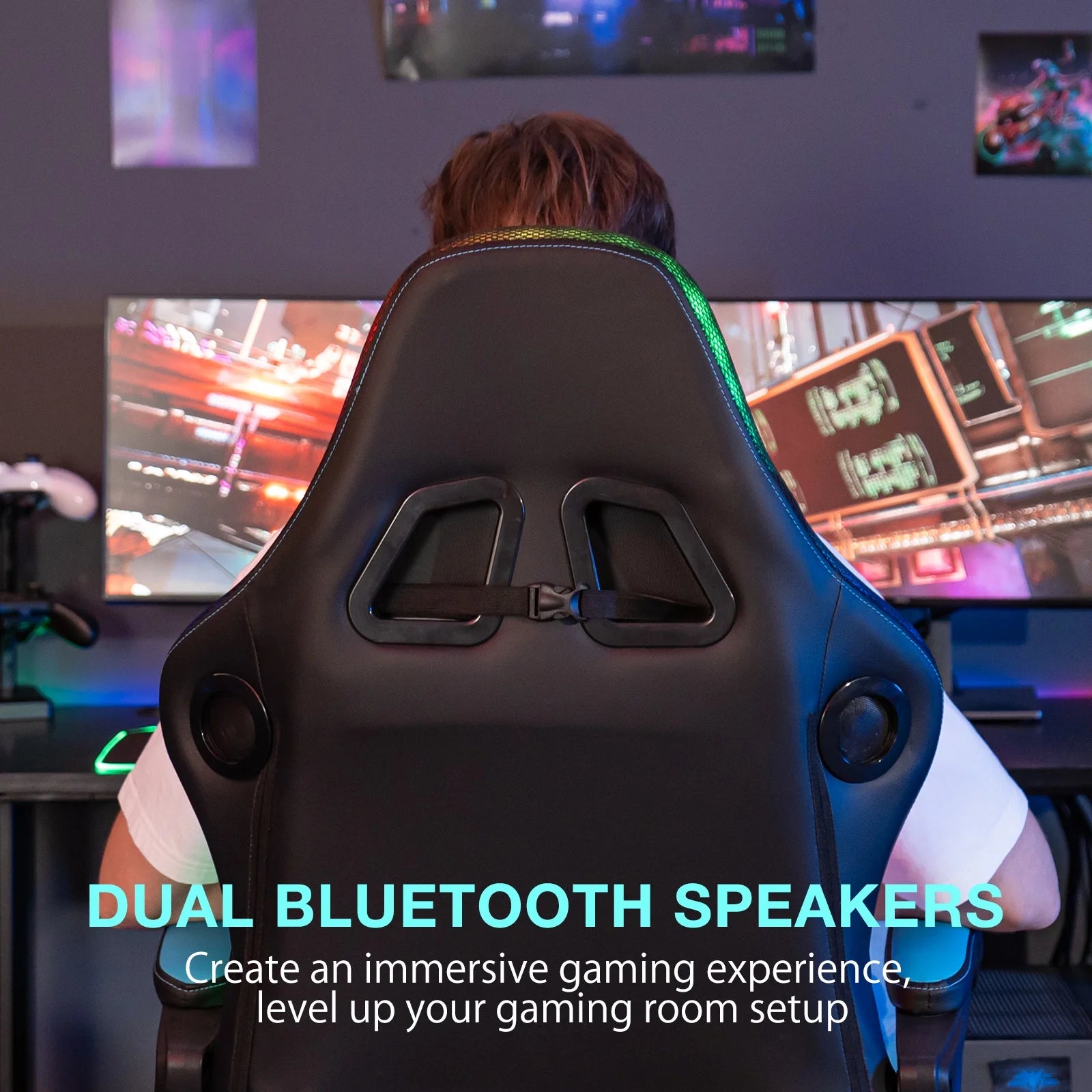 Big and Tall Gaming Chair with Speakers and RGB Lights, Gamer Chair with Footrest, Lumbar Support Height Adjustable 360-Swivel Seat and Headrest for Adults, 400Lbs