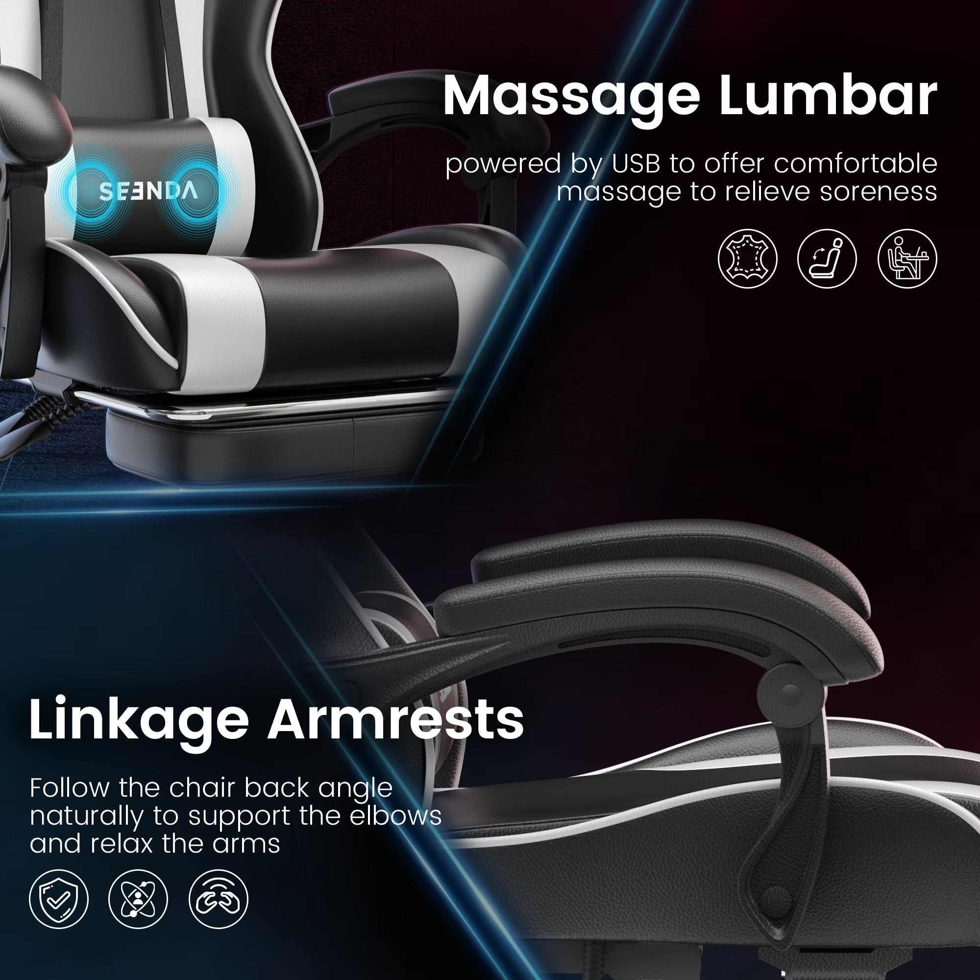 Massage Gaming Chair,  Video Game Chair with Footrest and Lumbar Support, Ergonomic Computer Chair Height Adjustable with Swivel Seat and Headrest, White