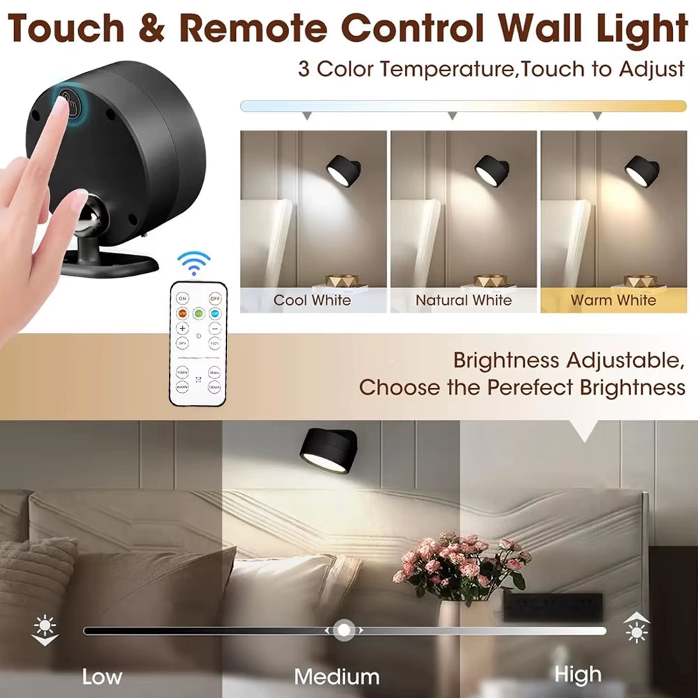 Magnetic LED Wall Light Night Dimmable Magnetic Picture Lights 360° Rotation Touch Remote Control Cabinet Spotlight Night Lamp