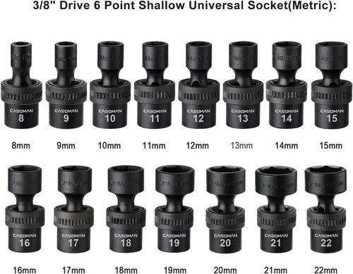 15 PCS 3/8" Drive Standard Universal Impact Socket Set, 6-Point, Metric, 8Mm - 22Mm