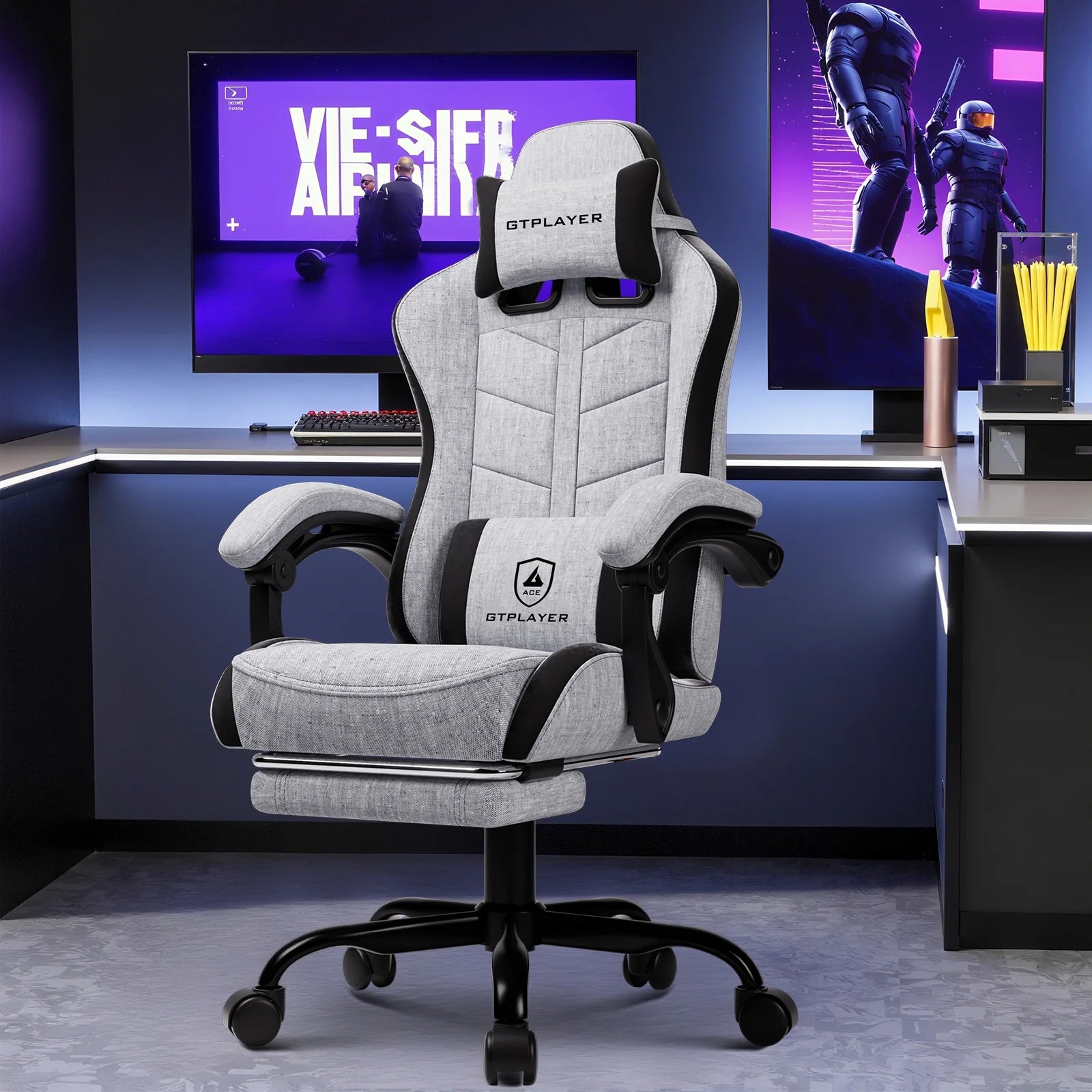 Gaming Chair with Footrest, Computer Gaming Chair for Adults and Kids, Height Adjustable Gamer Chair with 90-155° Recline & Removable Headrest Lumbar Support,Gray