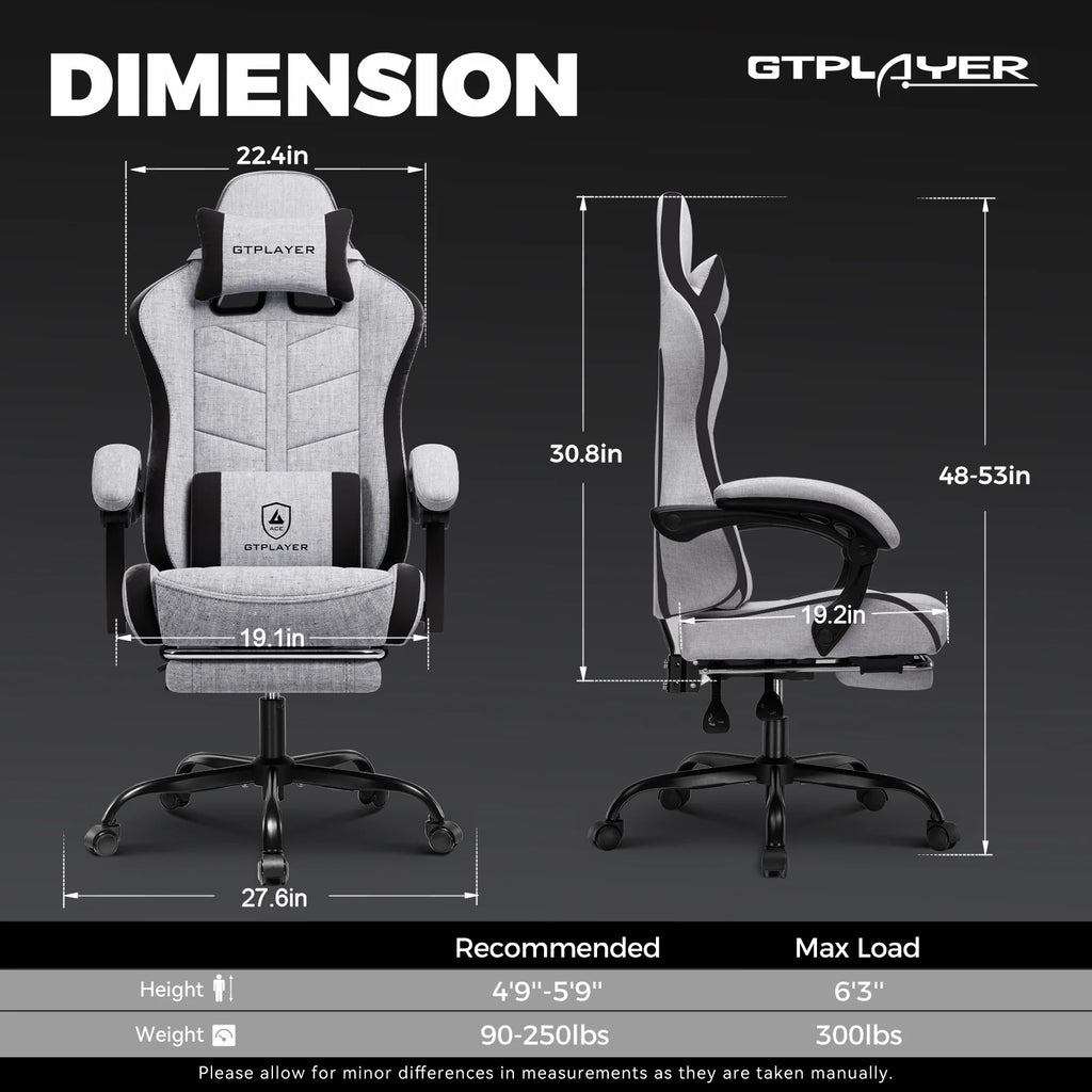 Gaming Chair with Footrest, Computer Gaming Chair for Adults and Kids, Height Adjustable Gamer Chair with 90-155° Recline & Removable Headrest Lumbar Support,Gray