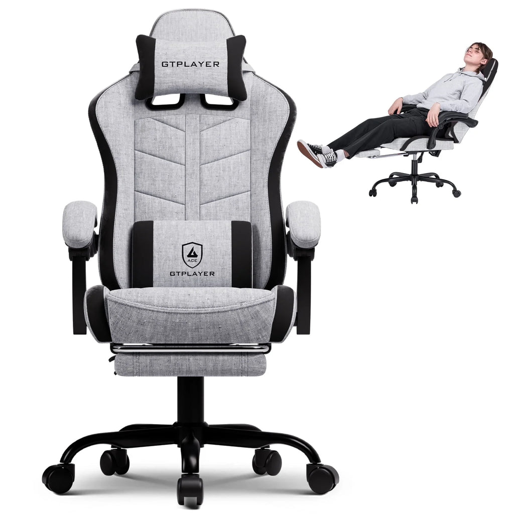 Gaming Chair with Footrest, Computer Gaming Chair for Adults and Kids, Height Adjustable Gamer Chair with 90-155° Recline & Removable Headrest Lumbar Support,Gray