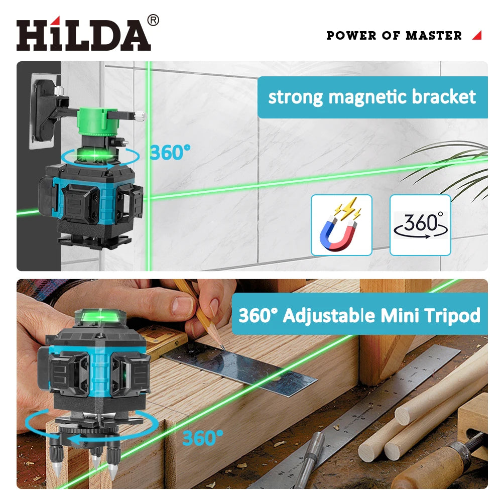 HILDA 4D 16 Linien Laser-Nivelliergerät 360° selbstnivellierend horizontal vertikal grünes Licht Profi-Werkzeug mit Fernbedienung Stativ