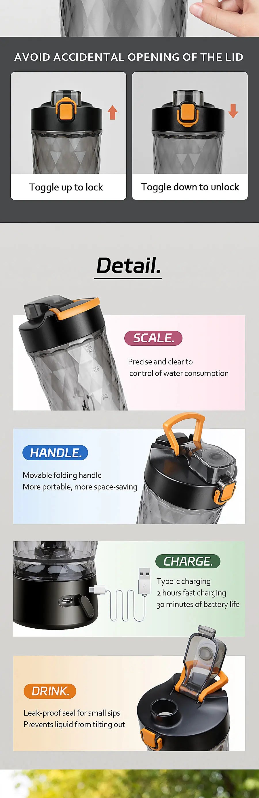 650ml Electric Protein Powder Mixing Cup Automatic Shaker Bottle Mixer Shake Bottle Milk Coffee Blender Kettle fro Gym Outdoor