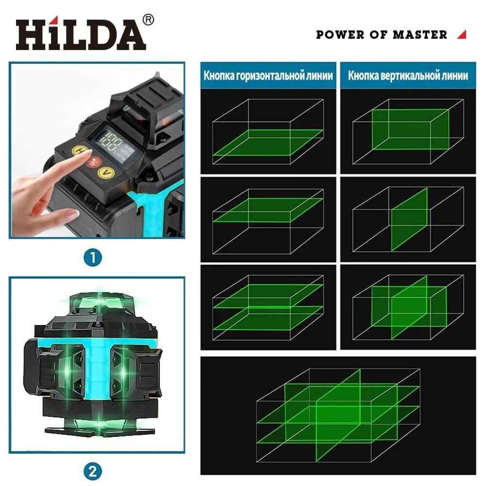 HILDA 4D 16 Linien Laser-Nivelliergerät 360° selbstnivellierend horizontal vertikal grünes Licht Profi-Werkzeug mit Fernbedienung Stativ