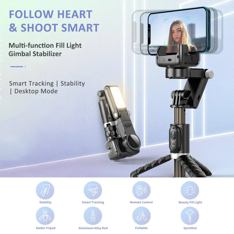 Takenoken Auto Face Tracking Gimbal Stabilizer Smartphone 360° Rotation Remote for Android iPhone LED Light Selfie Stick Tripod