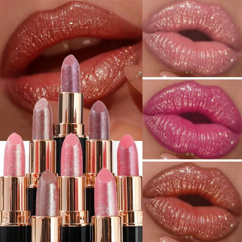 6 Colors Glitter Lipstick Waterproof Lasting Diamond Pearlescent Metallic Lipstick Pink Red Lip Gloss Women Lips Makeup Cosmetic