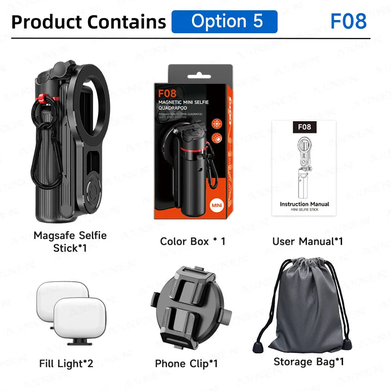 Magnetic Mini Selfie Stick Tripod for Cellphone with Extension Rod Wireless Remote, Fill Light Option, for Smartphone Vlog Shoot