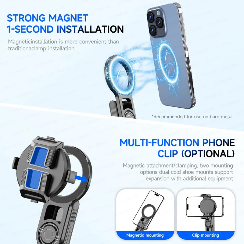 Magnetic Mini Selfie Stick Tripod for Cellphone with Extension Rod Wireless Remote, Fill Light Option, for Smartphone Vlog Shoot