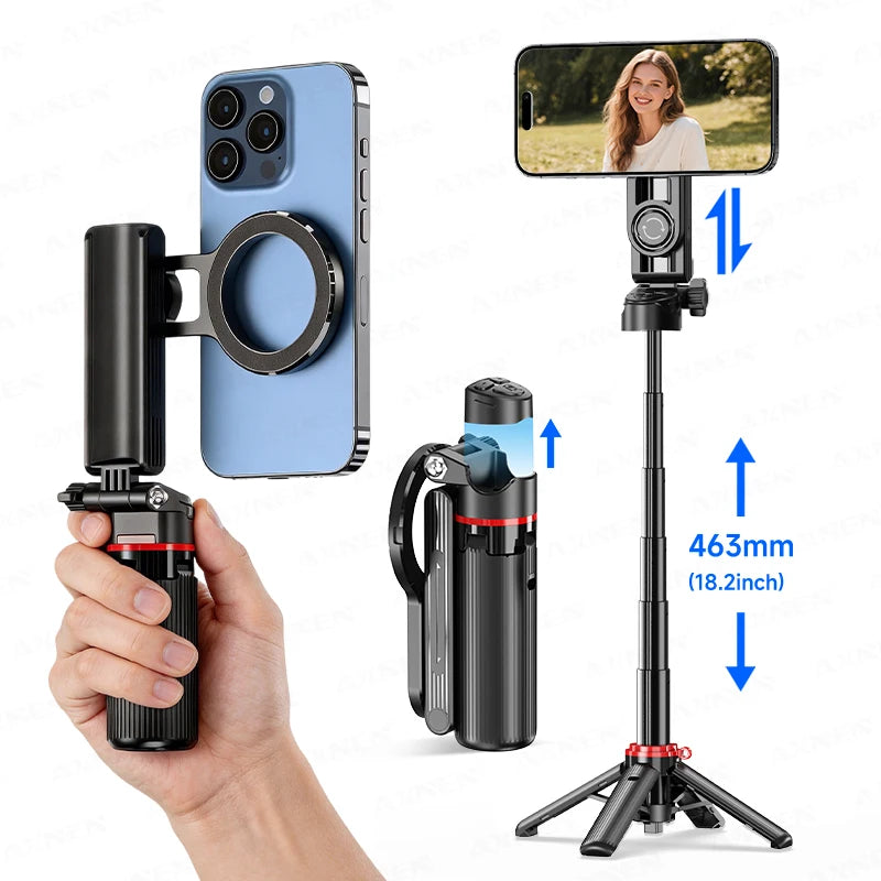 Magnetic Mini Selfie Stick Tripod for Cellphone with Extension Rod Wireless Remote, Fill Light Option, for Smartphone Vlog Shoot