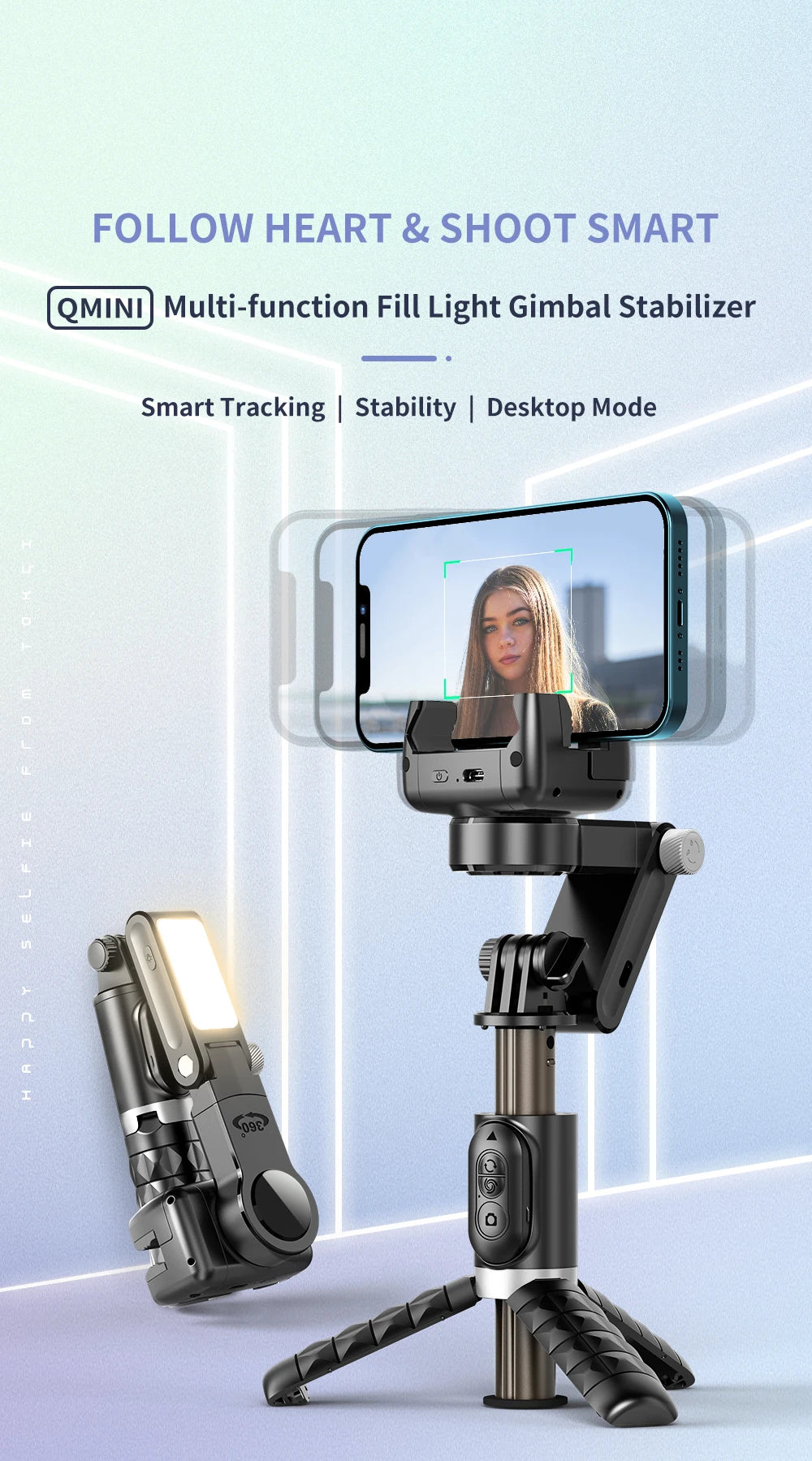 Q18 Desktop Following the shooting Mode Gimbal Stabilizer Selfie Stick Tripod with Fill Light for iPhone Cell Phone Smartphone