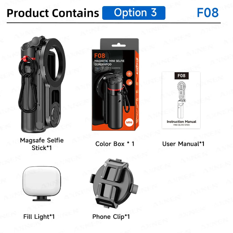 Magnetic Mini Selfie Stick Tripod for Cellphone with Extension Rod Wireless Remote, Fill Light Option, for Smartphone Vlog Shoot