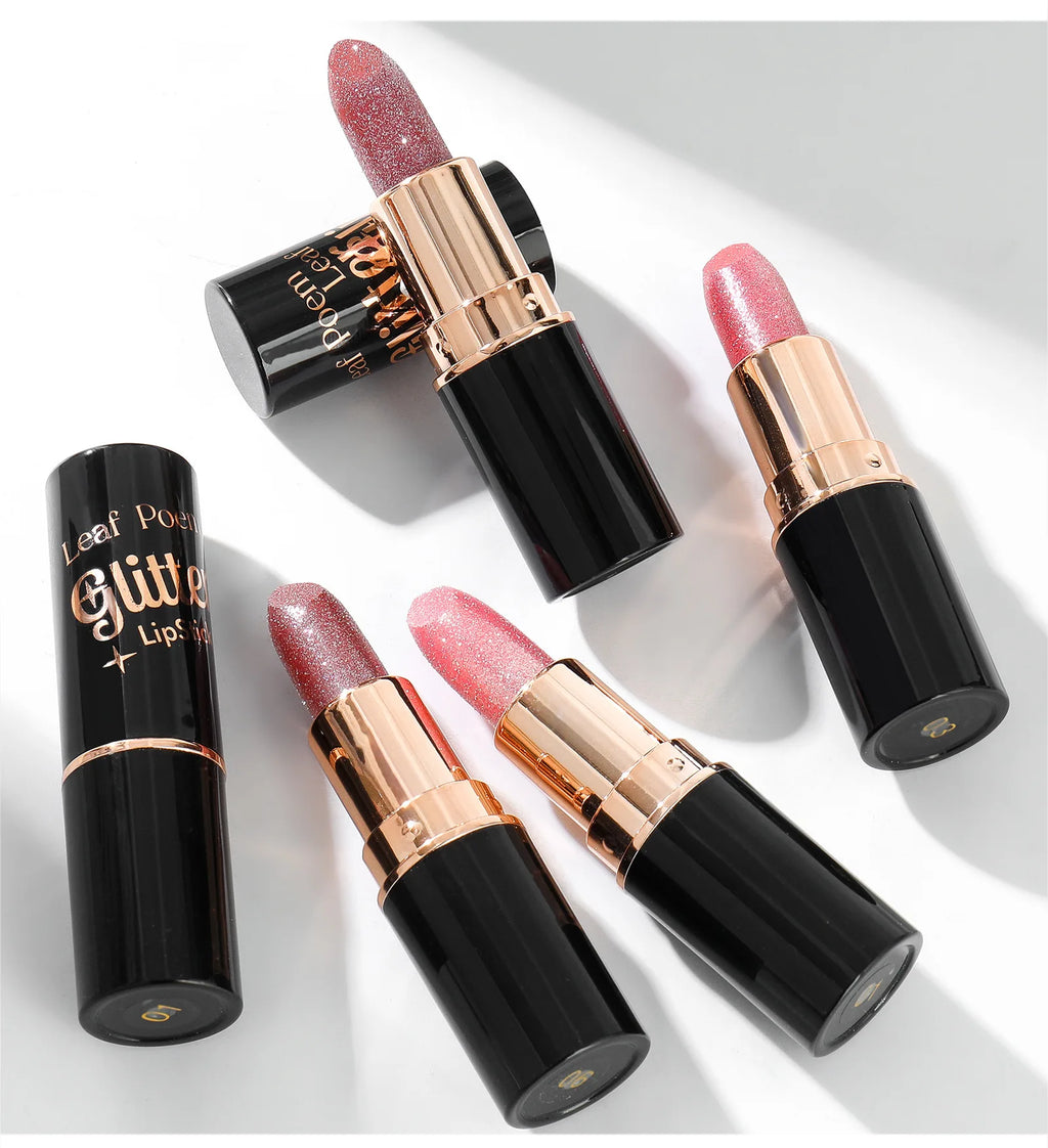 6 Colors Glitter Lipstick Waterproof Lasting Diamond Pearlescent Metallic Lipstick Pink Red Lip Gloss Women Lips Makeup Cosmetic