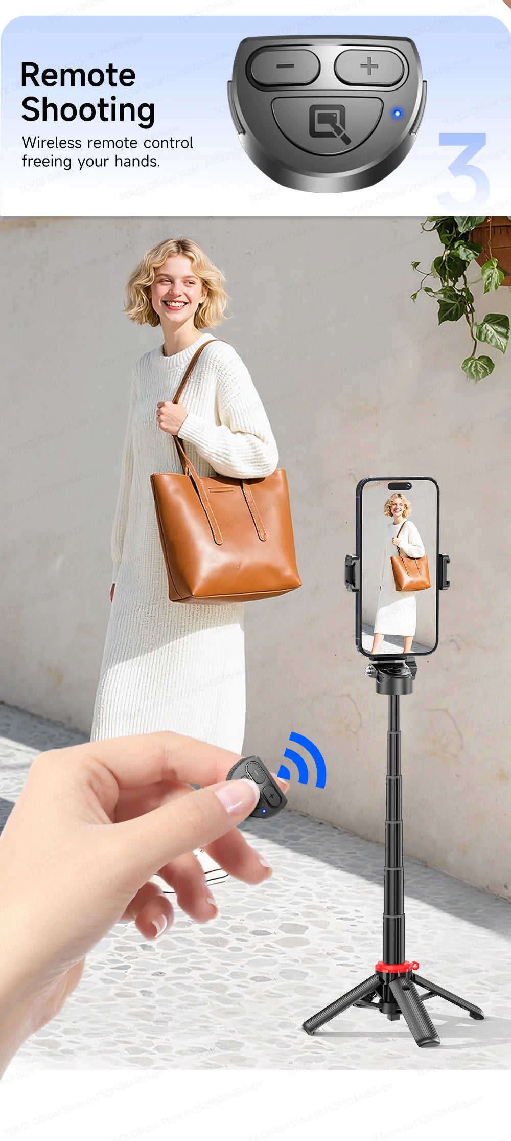 TOKQI Tripod Extendable Selfie Stick Phone Holder Mini Quadpod for Mobile Phone Vlog Video Recording with Zoom, Optional Light