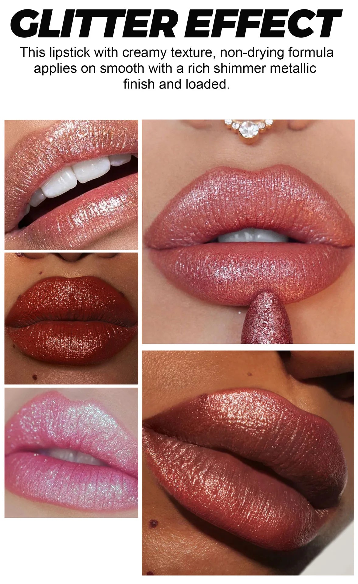 6 Colors Glitter Lipstick Waterproof Lasting Diamond Pearlescent Metallic Lipstick Pink Red Lip Gloss Women Lips Makeup Cosmetic