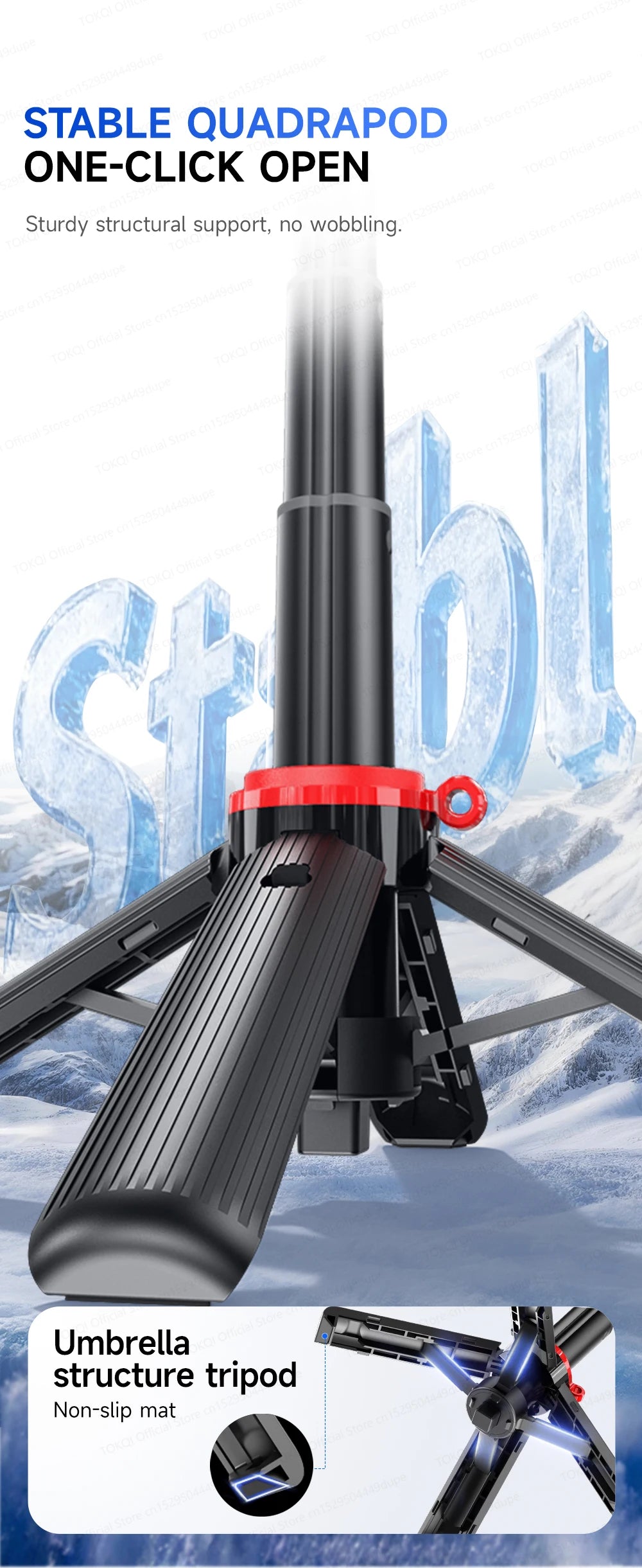 TOKQI Tripod Extendable Selfie Stick Phone Holder Mini Quadpod for Mobile Phone Vlog Video Recording with Zoom, Optional Light