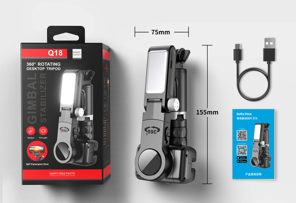 Q18 Desktop Following the shooting Mode Gimbal Stabilizer Selfie Stick Tripod with Fill Light for iPhone Cell Phone Smartphone