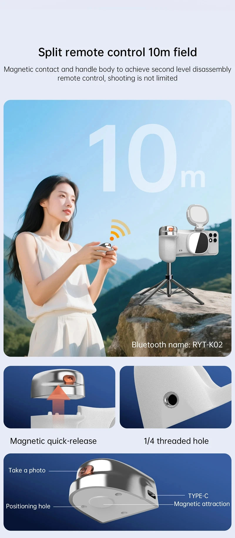 LINIM k02 Magnetic Phone Bluetooth Selfie Stick Handheld Portable Photography Selfie Phone Grip with LED Light Ergonomic Design