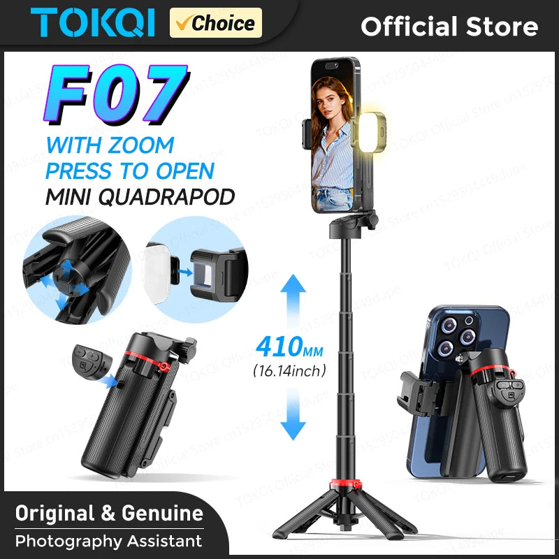 TOKQI Tripod Extendable Selfie Stick Phone Holder Mini Quadpod for Mobile Phone Vlog Video Recording with Zoom, Optional Light