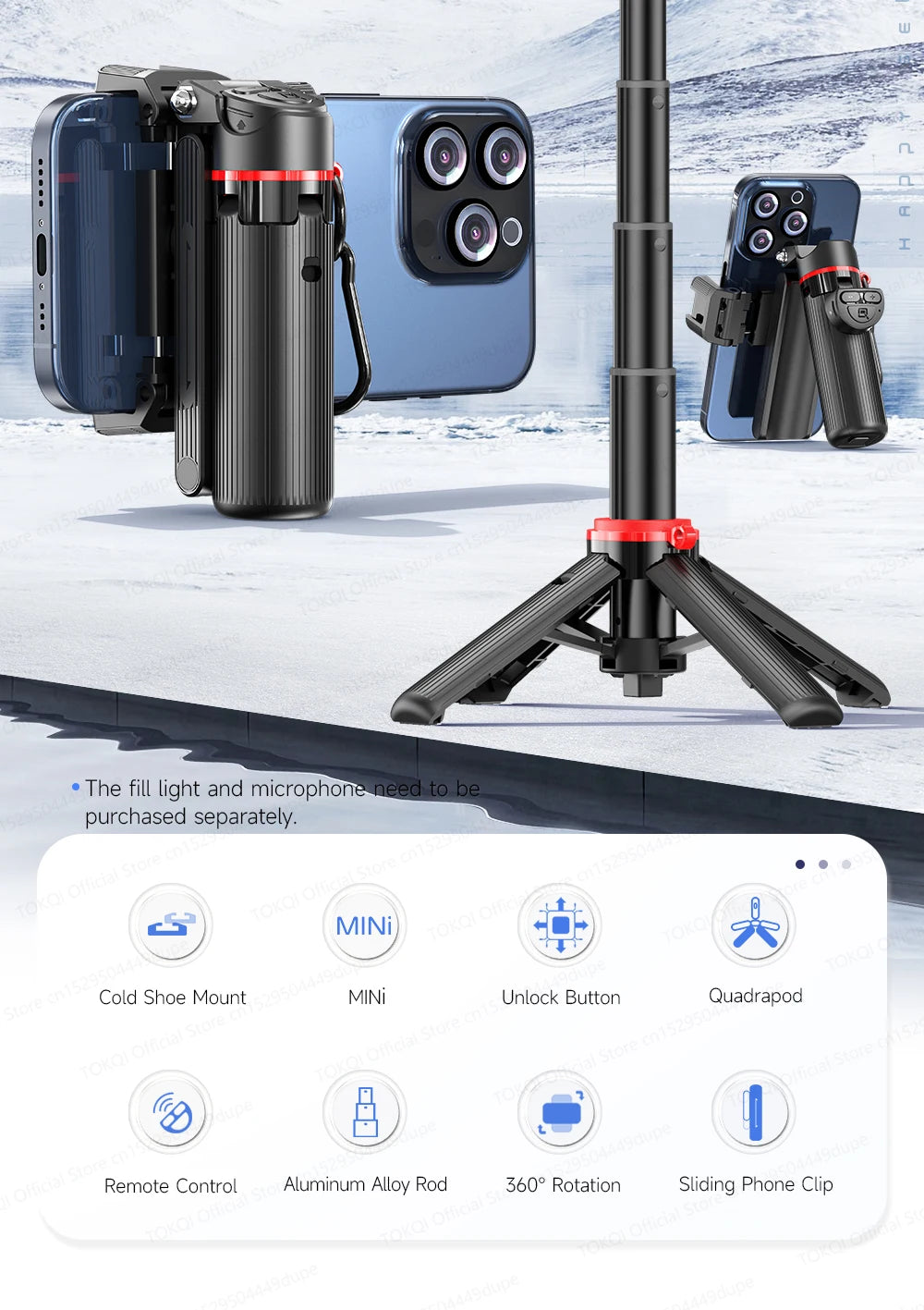 TOKQI Tripod Extendable Selfie Stick Phone Holder Mini Quadpod for Mobile Phone Vlog Video Recording with Zoom, Optional Light