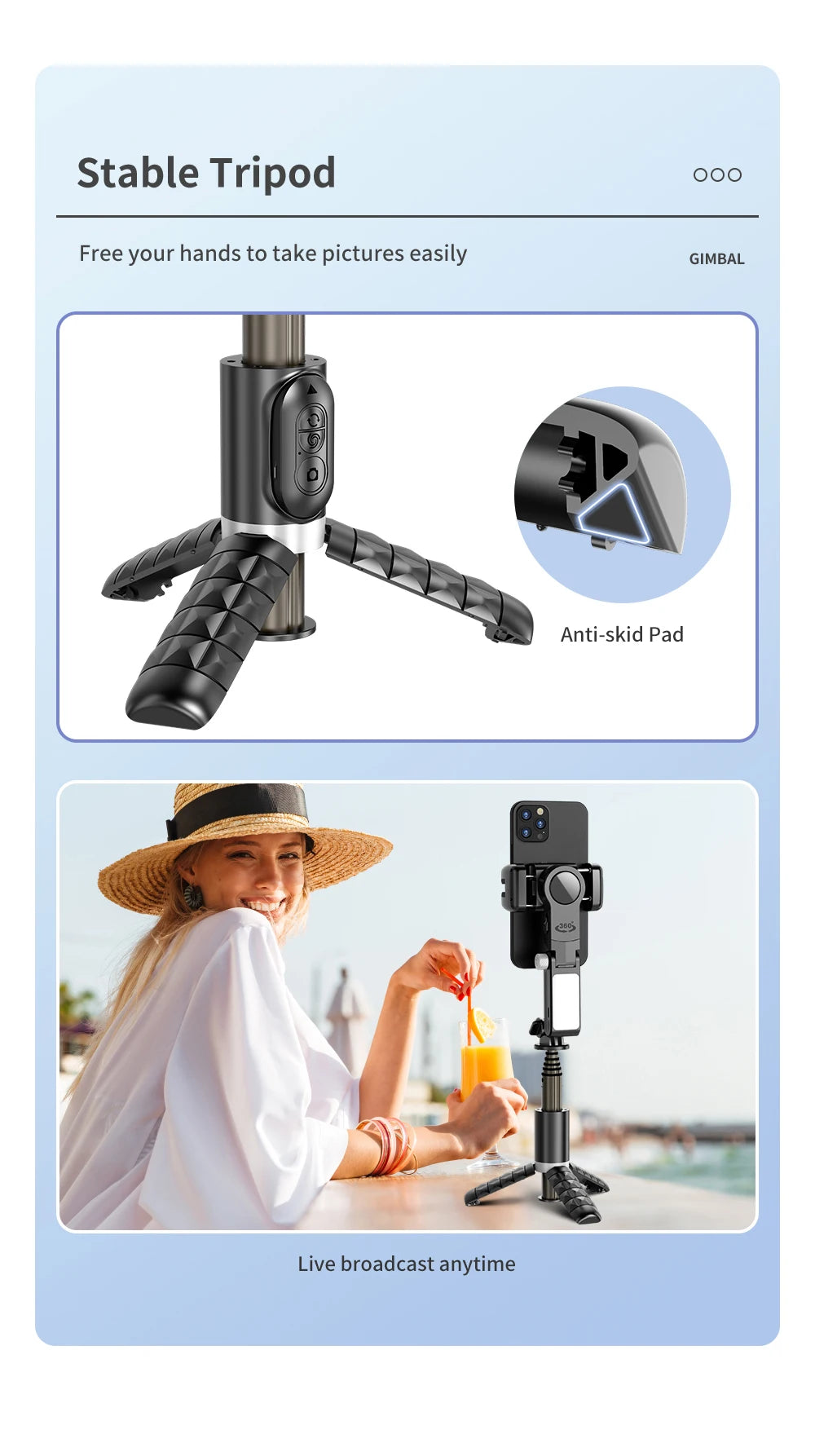 Q18 Desktop Following the shooting Mode Gimbal Stabilizer Selfie Stick Tripod with Fill Light for iPhone Cell Phone Smartphone