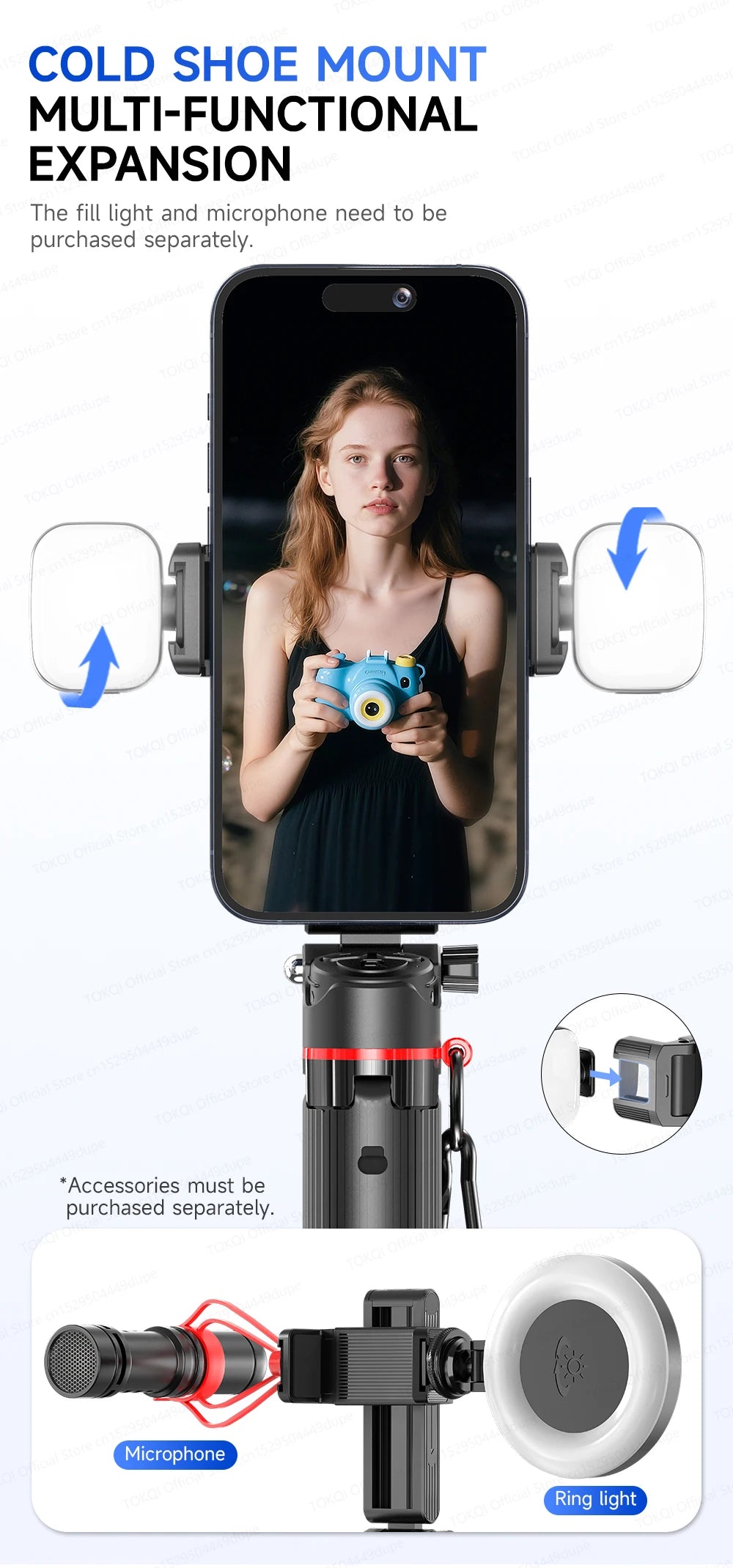 TOKQI Tripod Extendable Selfie Stick Phone Holder Mini Quadpod for Mobile Phone Vlog Video Recording with Zoom, Optional Light