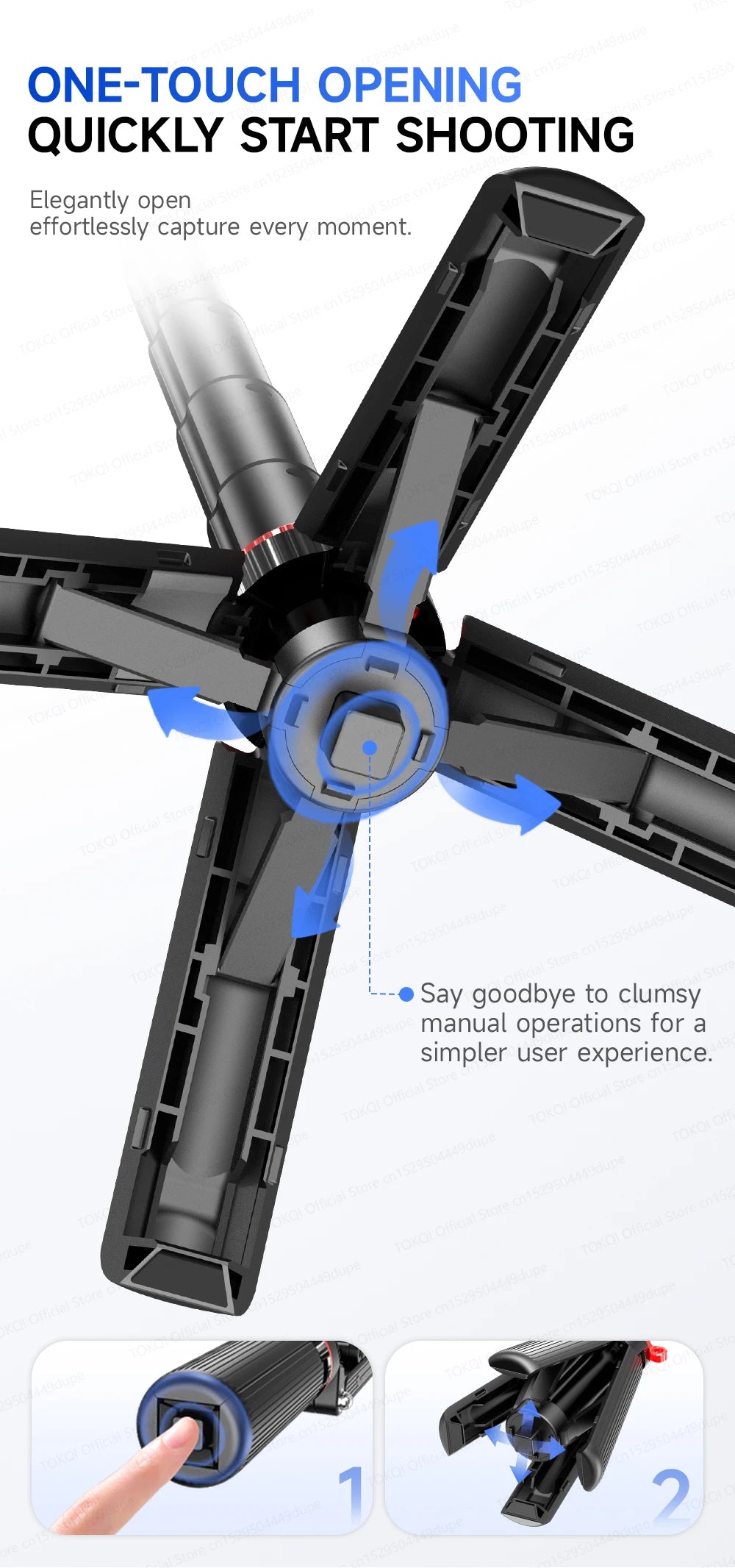 TOKQI Tripod Extendable Selfie Stick Phone Holder Mini Quadpod for Mobile Phone Vlog Video Recording with Zoom, Optional Light