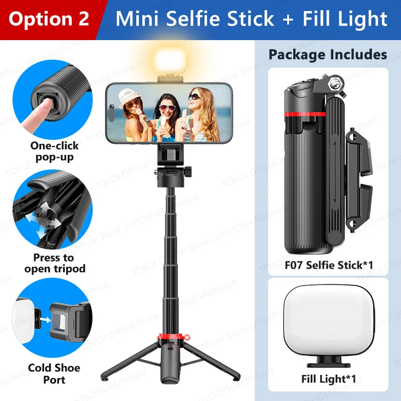 TOKQI Tripod Extendable Selfie Stick Phone Holder Mini Quadpod for Mobile Phone Vlog Video Recording with Zoom, Optional Light