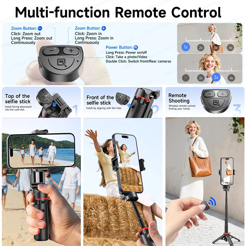 TOKQI Tripod Extendable Selfie Stick Phone Holder Mini Quadpod for Mobile Phone Vlog Video Recording with Zoom, Optional Light