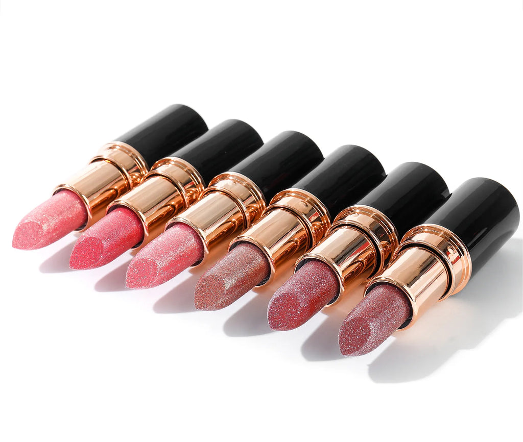 6 Colors Glitter Lipstick Waterproof Lasting Diamond Pearlescent Metallic Lipstick Pink Red Lip Gloss Women Lips Makeup Cosmetic