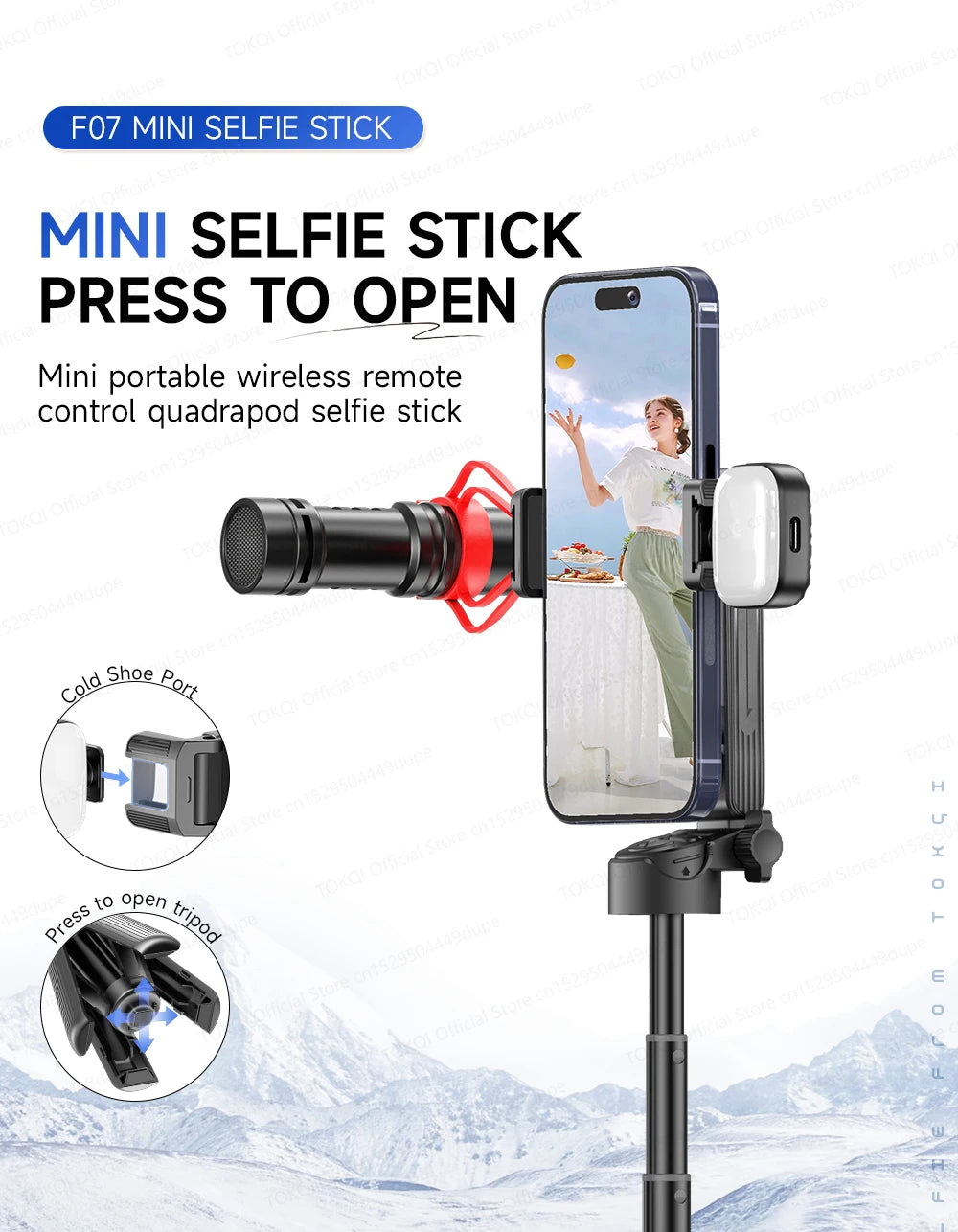 TOKQI Tripod Extendable Selfie Stick Phone Holder Mini Quadpod for Mobile Phone Vlog Video Recording with Zoom, Optional Light