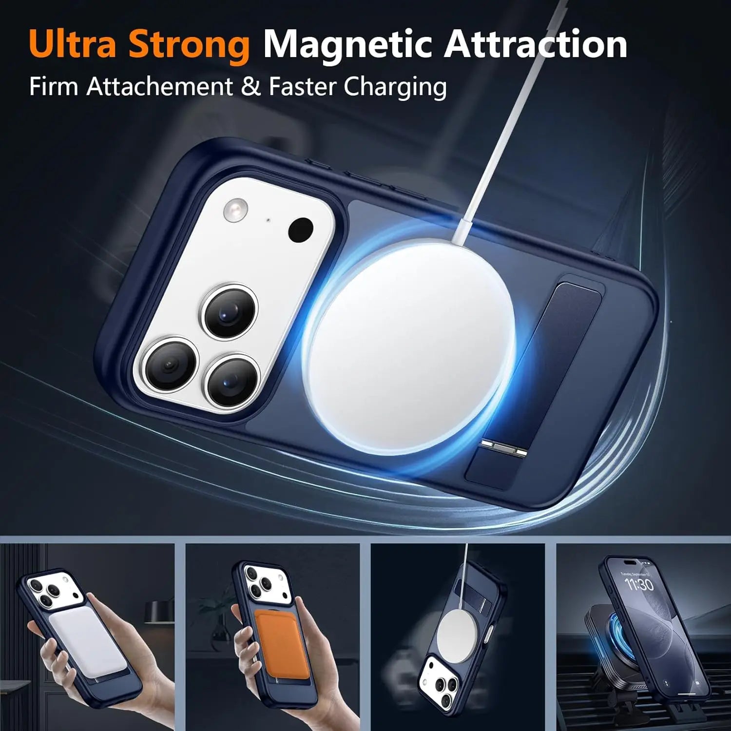 Magnetic Mobile Phone Case with Stand for iPhone 16 17 Pro Max 15 14 Plus 13 12 Translucent Cover with Kickstand