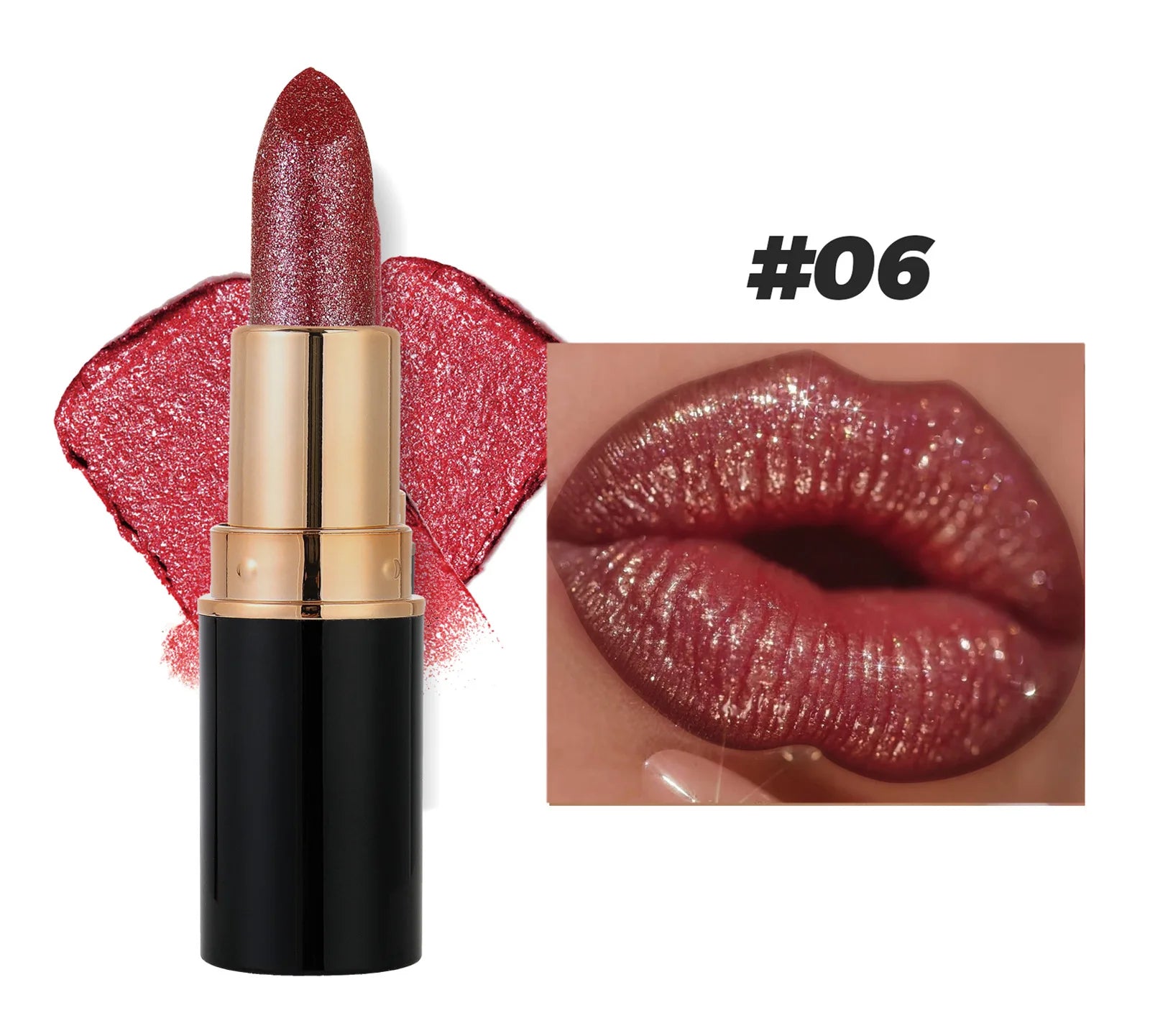 6 Colors Glitter Lipstick Waterproof Lasting Diamond Pearlescent Metallic Lipstick Pink Red Lip Gloss Women Lips Makeup Cosmetic