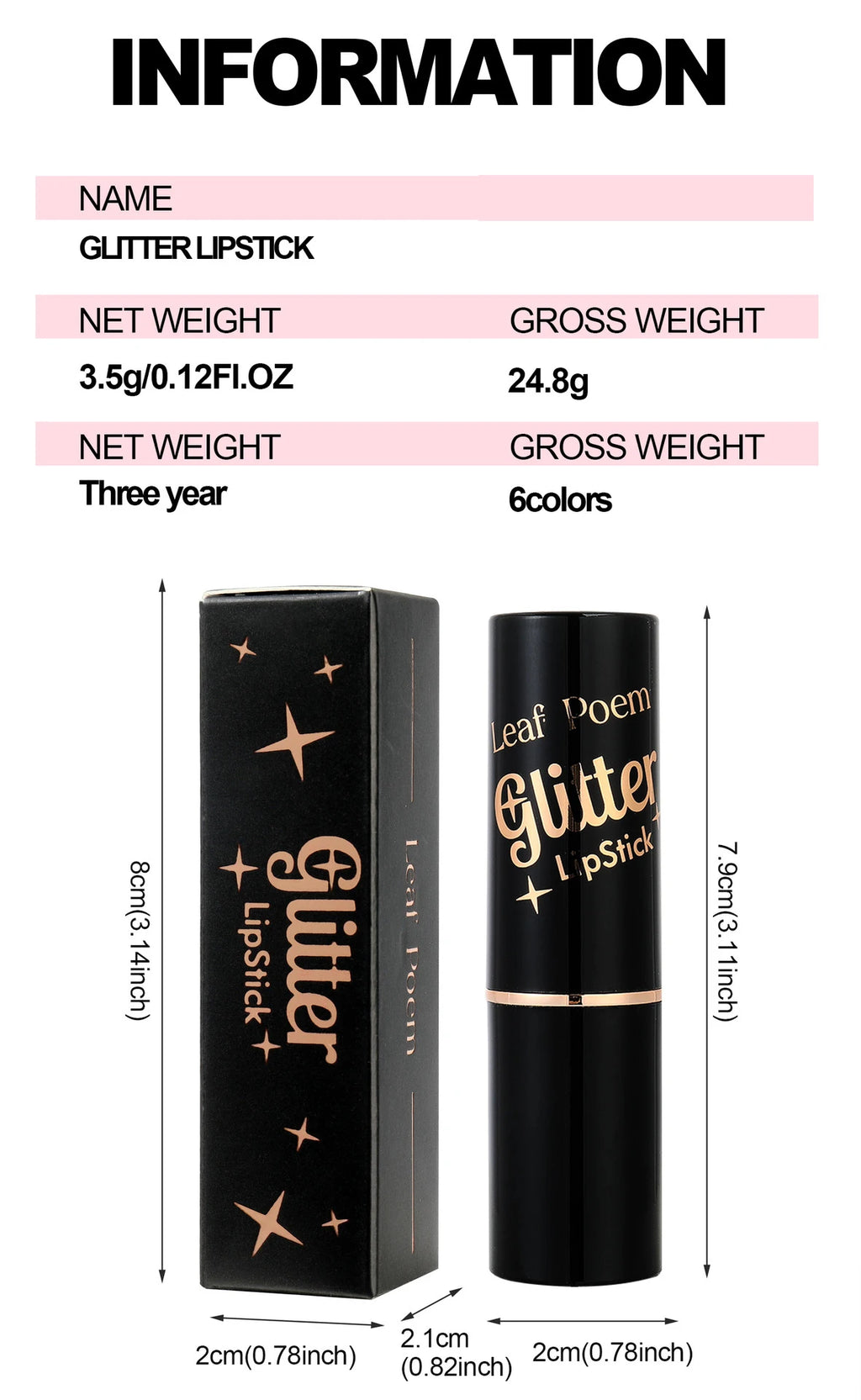 6 Colors Glitter Lipstick Waterproof Lasting Diamond Pearlescent Metallic Lipstick Pink Red Lip Gloss Women Lips Makeup Cosmetic