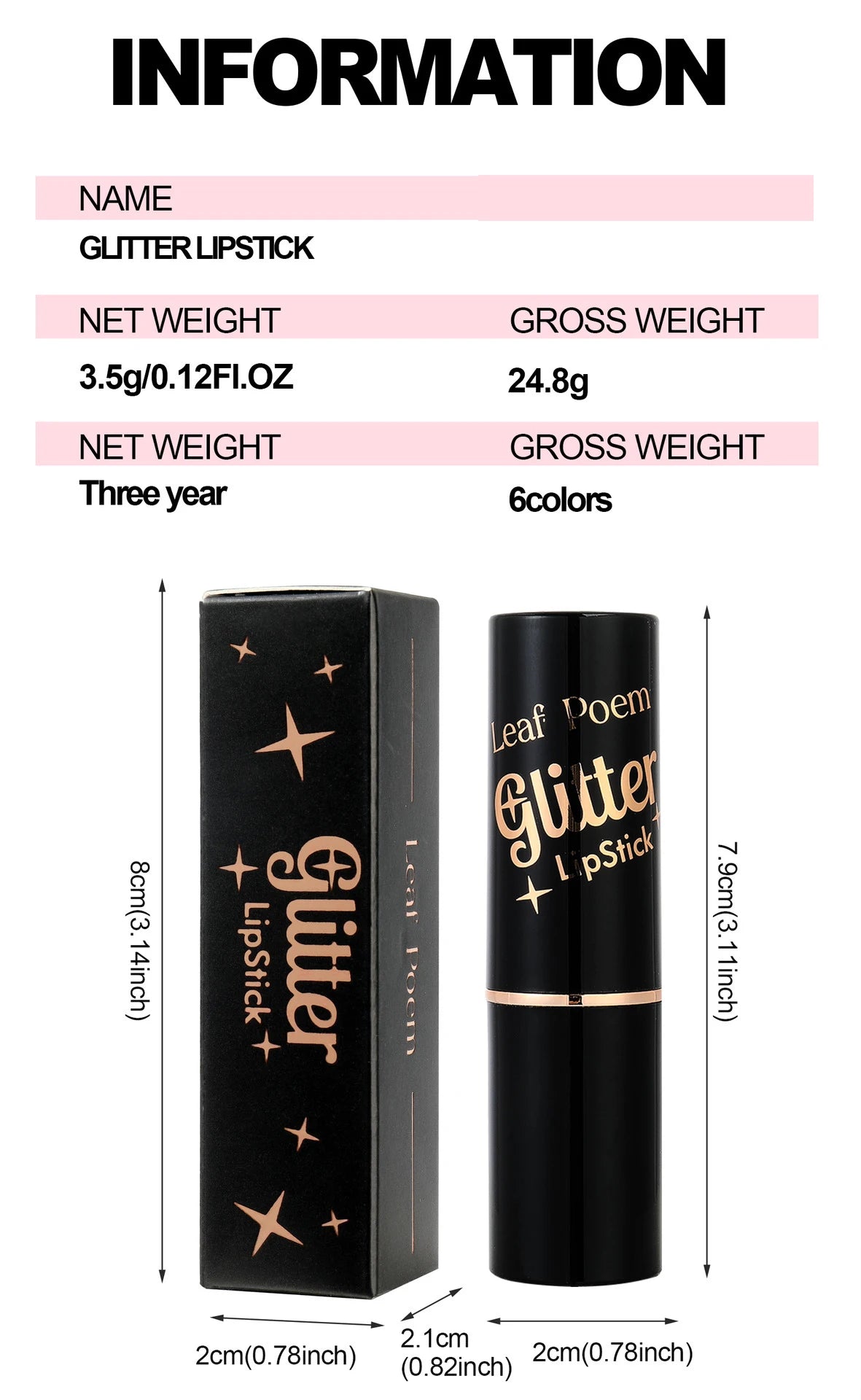 6 Colors Glitter Lipstick Waterproof Lasting Diamond Pearlescent Metallic Lipstick Pink Red Lip Gloss Women Lips Makeup Cosmetic