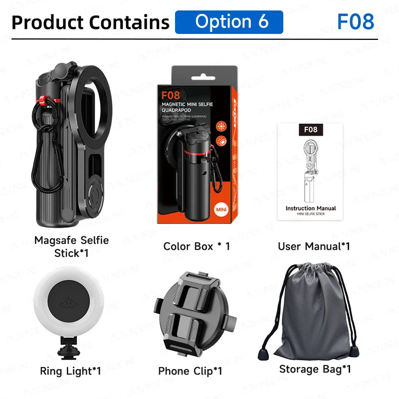 Magnetic Mini Selfie Stick Tripod for Cellphone with Extension Rod Wireless Remote, Fill Light Option, for Smartphone Vlog Shoot