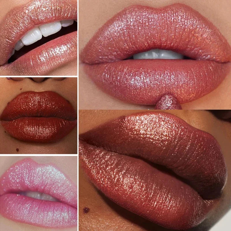 6 Colors Glitter Lipstick Waterproof Lasting Diamond Pearlescent Metallic Lipstick Pink Red Lip Gloss Women Lips Makeup Cosmetic