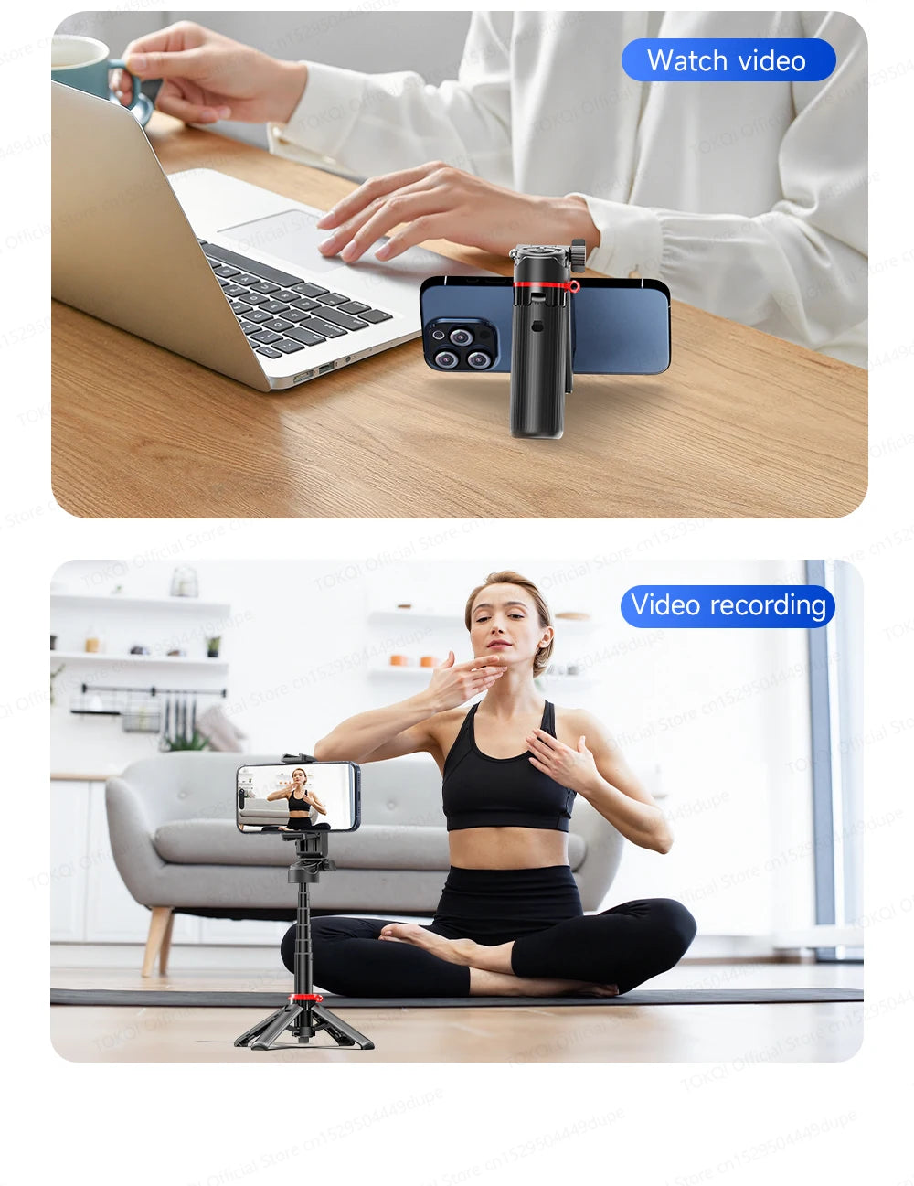 TOKQI Tripod Extendable Selfie Stick Phone Holder Mini Quadpod for Mobile Phone Vlog Video Recording with Zoom, Optional Light