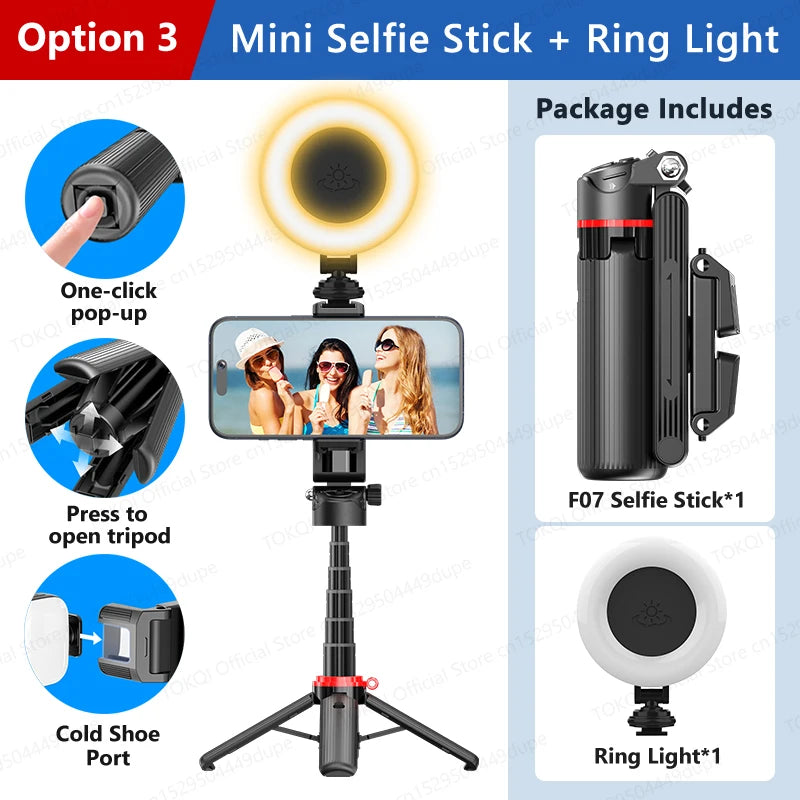 TOKQI Tripod Extendable Selfie Stick Phone Holder Mini Quadpod for Mobile Phone Vlog Video Recording with Zoom, Optional Light