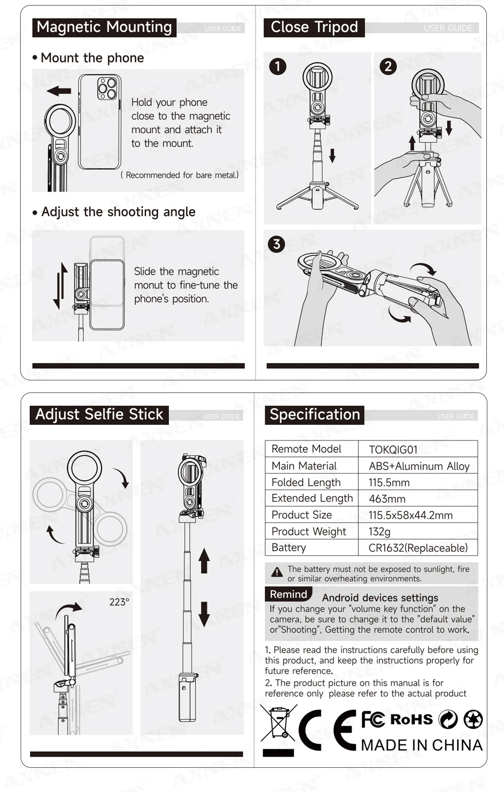 Magnetic Mini Selfie Stick Tripod for Cellphone with Extension Rod Wireless Remote, Fill Light Option, for Smartphone Vlog Shoot