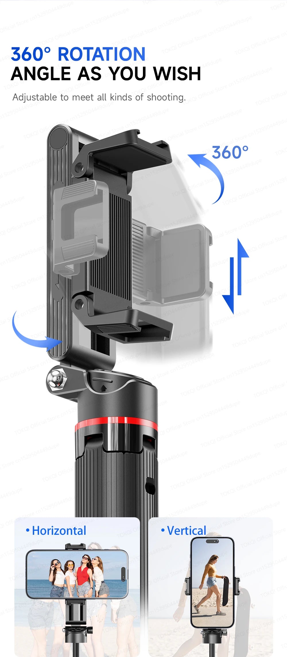 TOKQI Tripod Extendable Selfie Stick Phone Holder Mini Quadpod for Mobile Phone Vlog Video Recording with Zoom, Optional Light