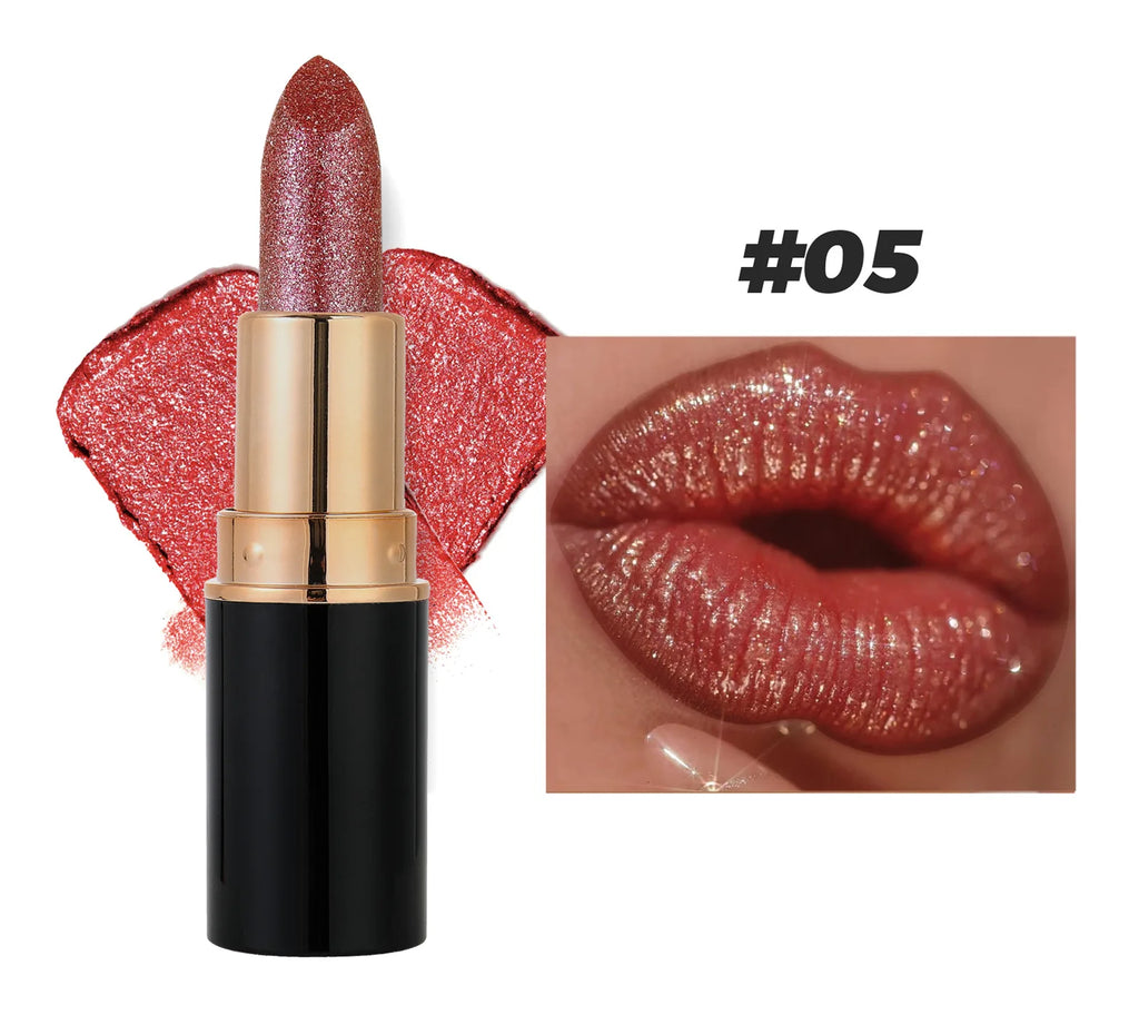 6 Colors Glitter Lipstick Waterproof Lasting Diamond Pearlescent Metallic Lipstick Pink Red Lip Gloss Women Lips Makeup Cosmetic
