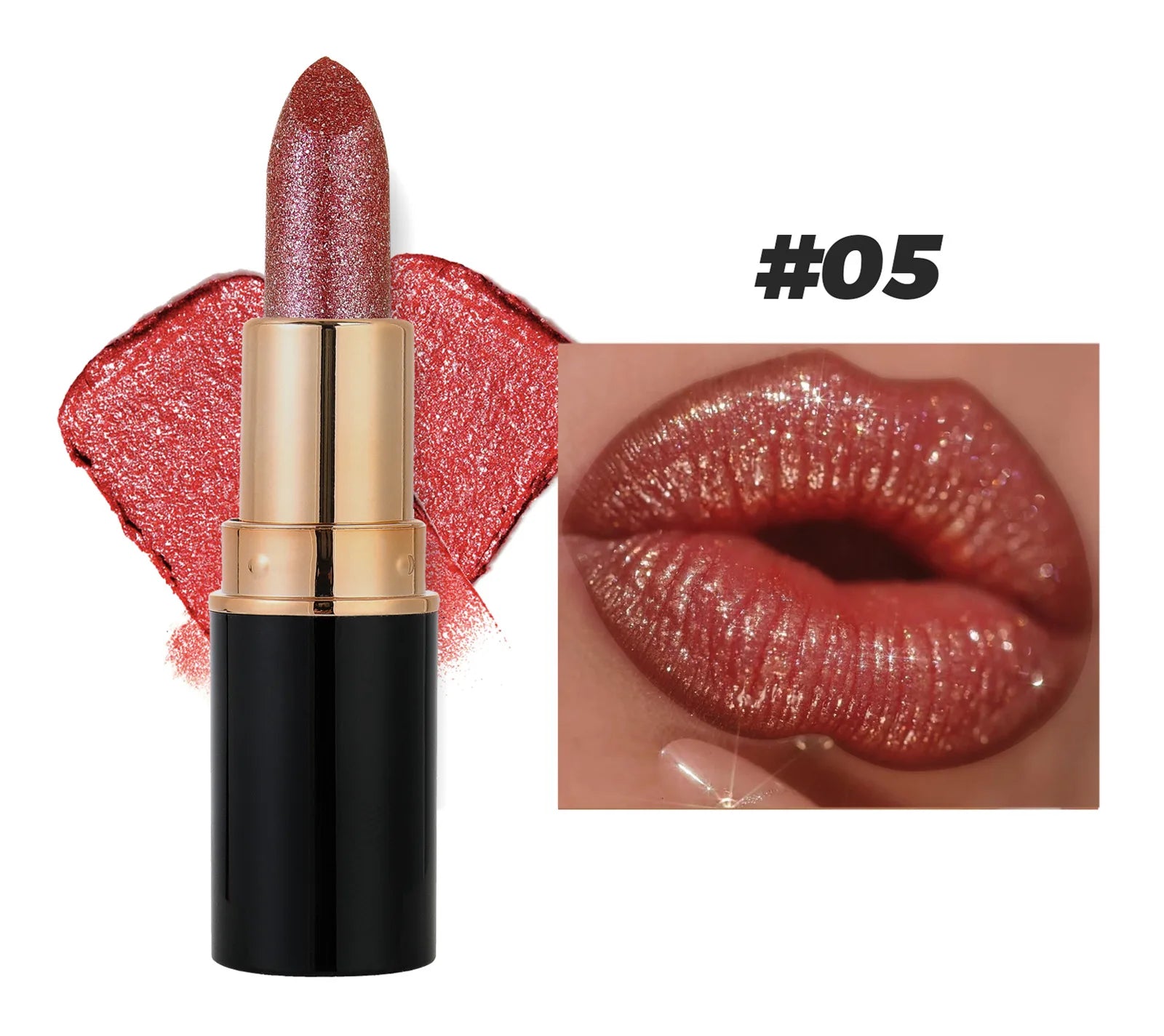 6 Colors Glitter Lipstick Waterproof Lasting Diamond Pearlescent Metallic Lipstick Pink Red Lip Gloss Women Lips Makeup Cosmetic