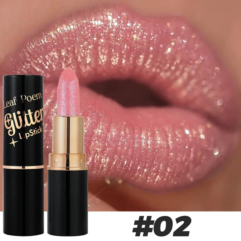 6 Colors Glitter Lipstick Waterproof Lasting Diamond Pearlescent Metallic Lipstick Pink Red Lip Gloss Women Lips Makeup Cosmetic