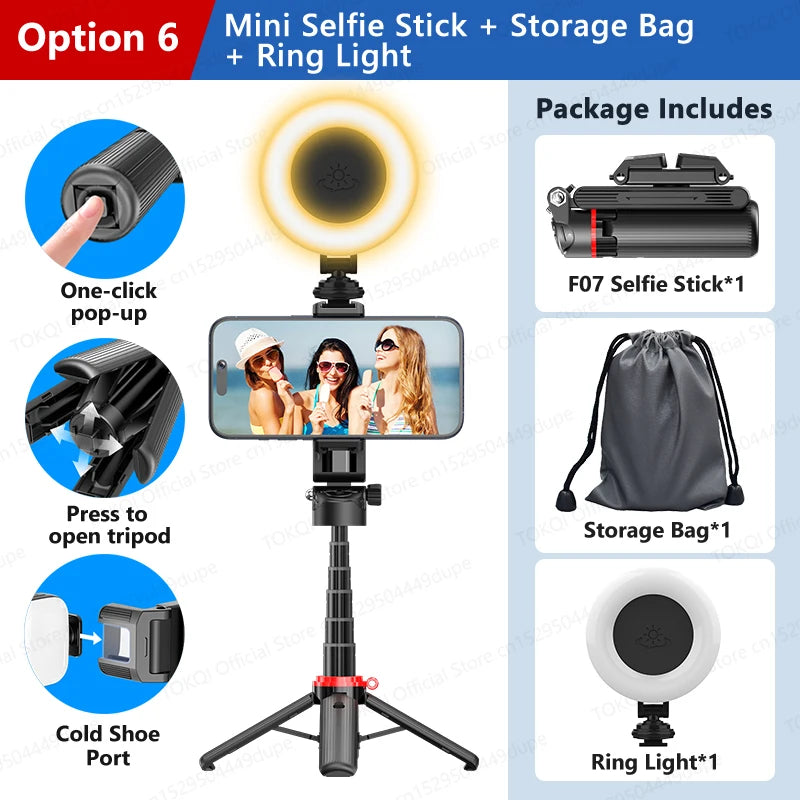 TOKQI Tripod Extendable Selfie Stick Phone Holder Mini Quadpod for Mobile Phone Vlog Video Recording with Zoom, Optional Light