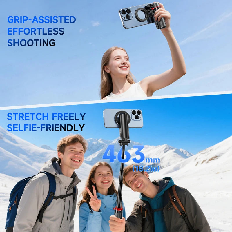Magnetic Mini Selfie Stick Tripod for Cellphone with Extension Rod Wireless Remote, Fill Light Option, for Smartphone Vlog Shoot