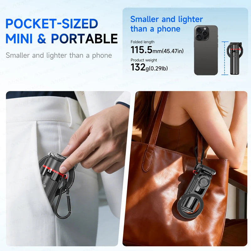 Magnetic Mini Selfie Stick Tripod for Cellphone with Extension Rod Wireless Remote, Fill Light Option, for Smartphone Vlog Shoot