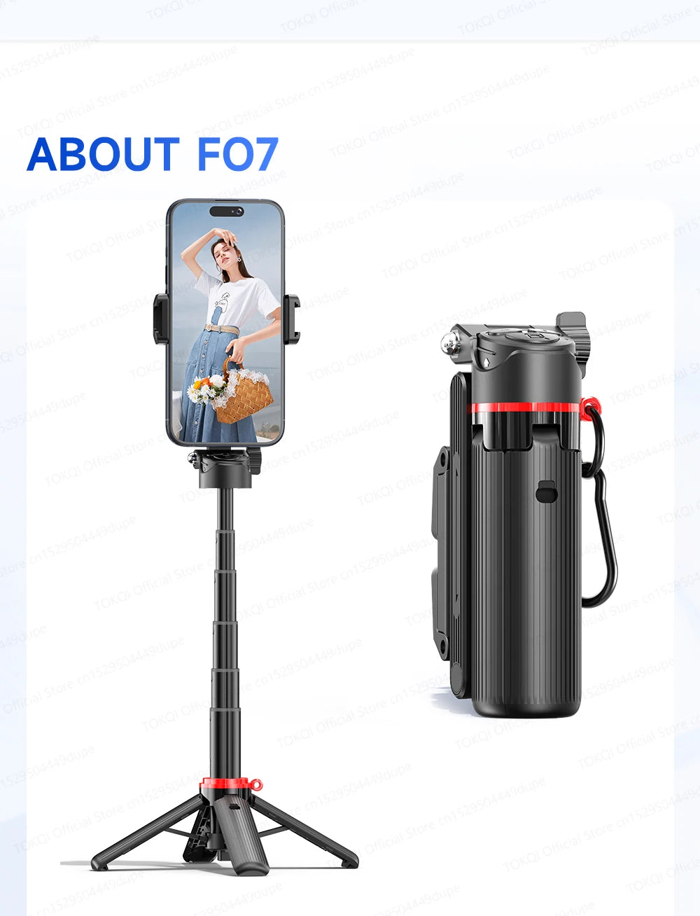 TOKQI Tripod Extendable Selfie Stick Phone Holder Mini Quadpod for Mobile Phone Vlog Video Recording with Zoom, Optional Light